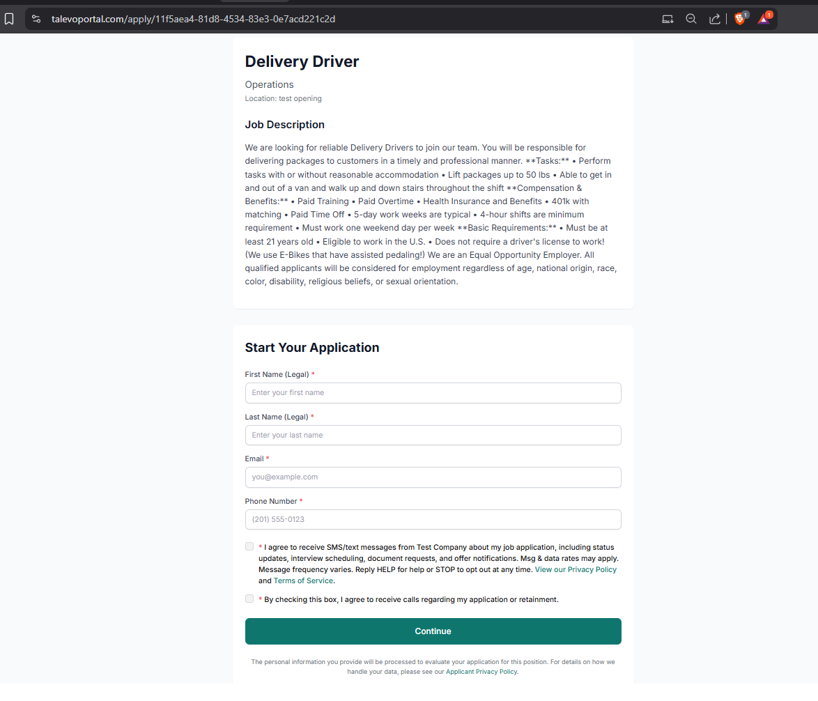 Screenshot of the Talevo job application form showing the required SMS consent checkbox and calls consent checkbox that applicants must check before submitting their application